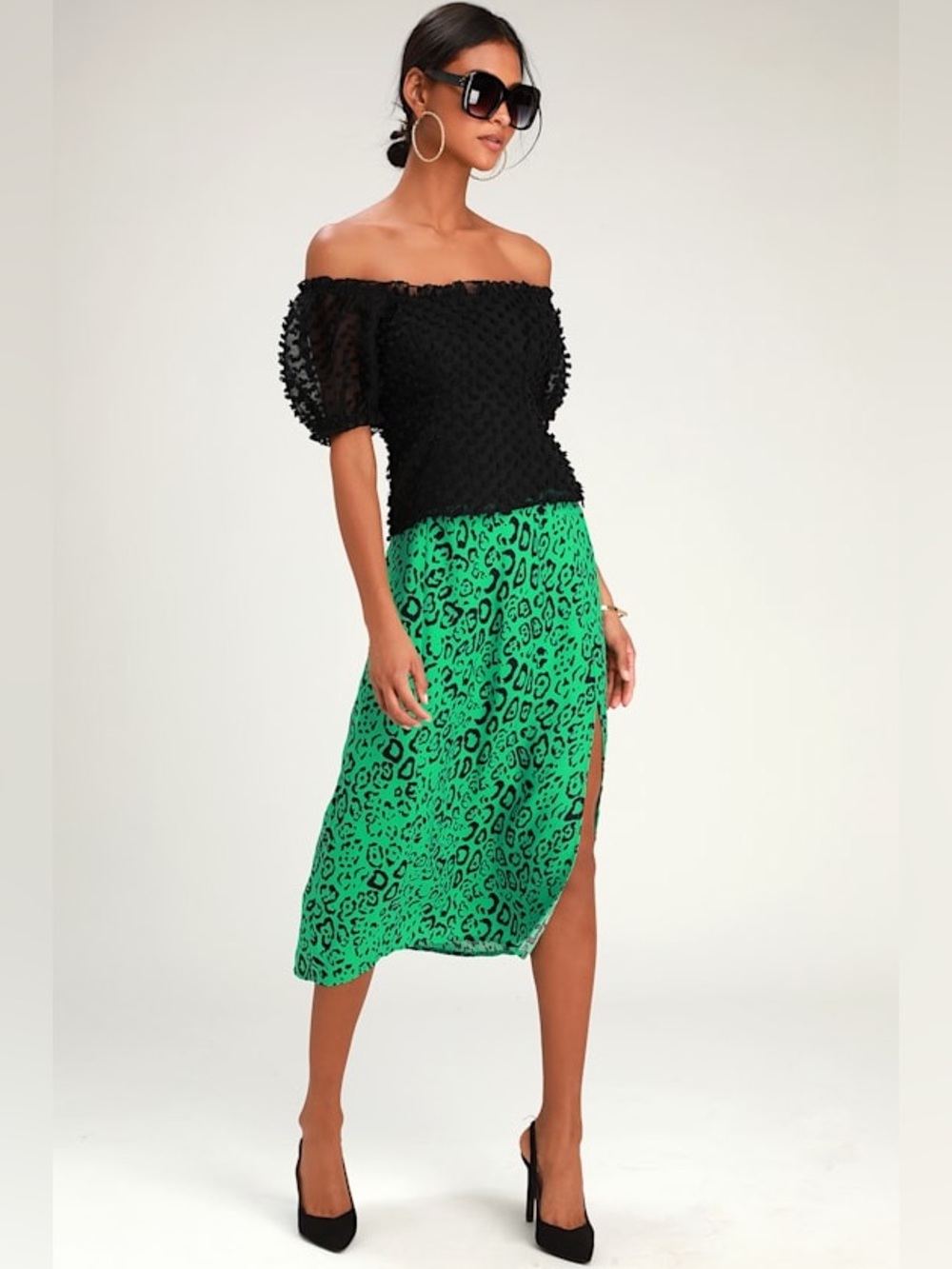Lulus Black Swiss Dot Puff Sleeve Off Shoulder Top | Size XS